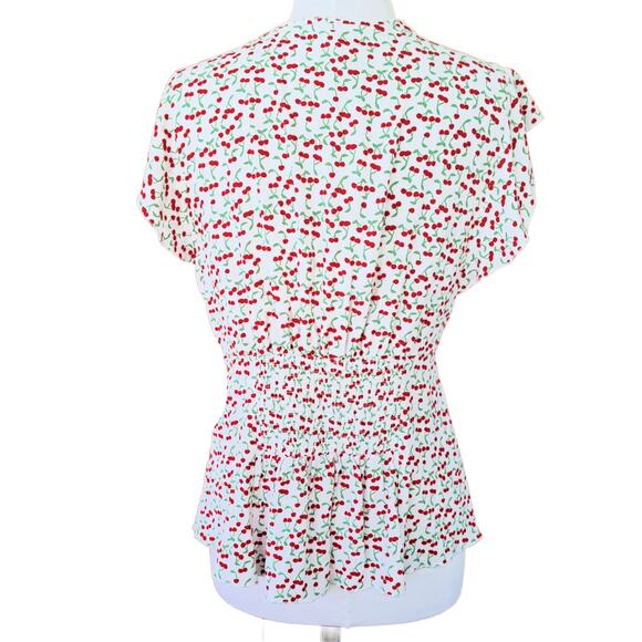 NEW FREE PEOPLE Cherry Print Bombshell Blouse Medium Top Retro Milkmaid Boho - Picture 5 of 11